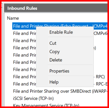 Picture showing enabling the rule for File and Printer Sharing (Echo Request - ICMPv4 - In)
